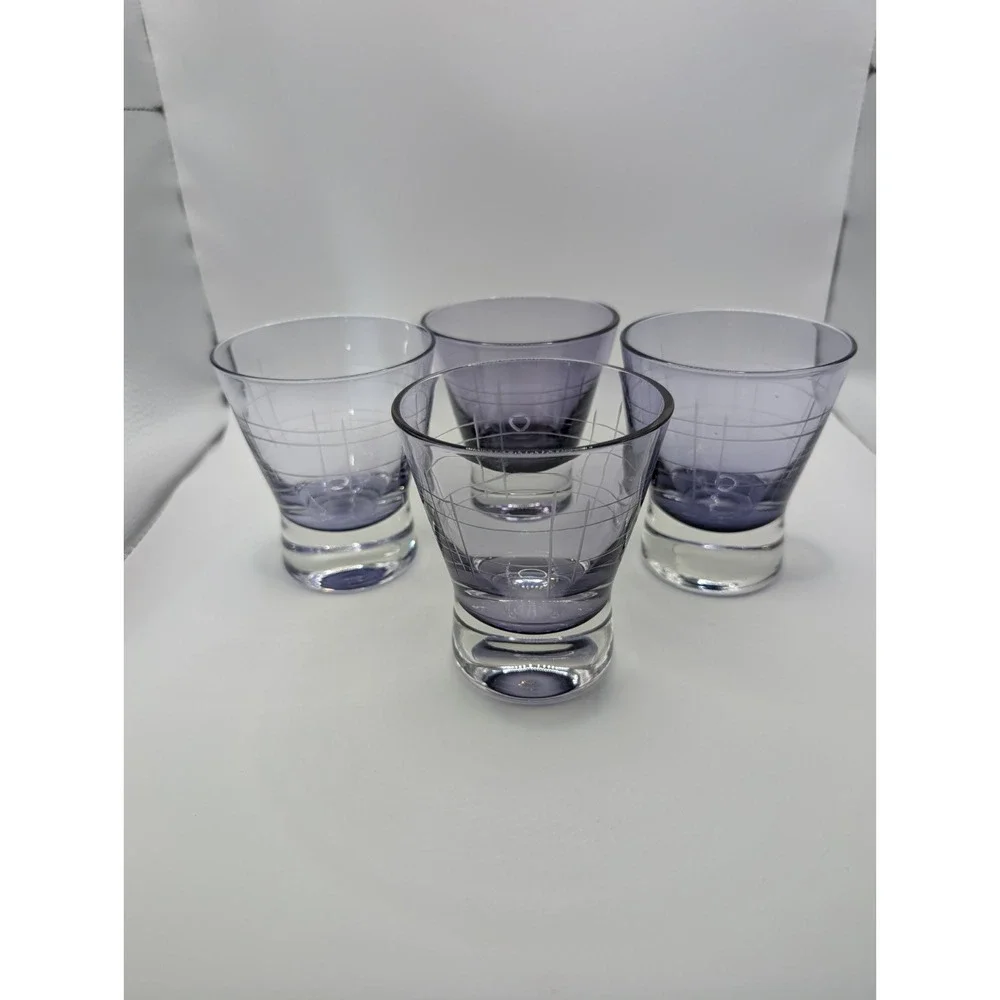Vintage Purple Etched Heavy Base Old Fashioned Cocktail Glasses Set of 4